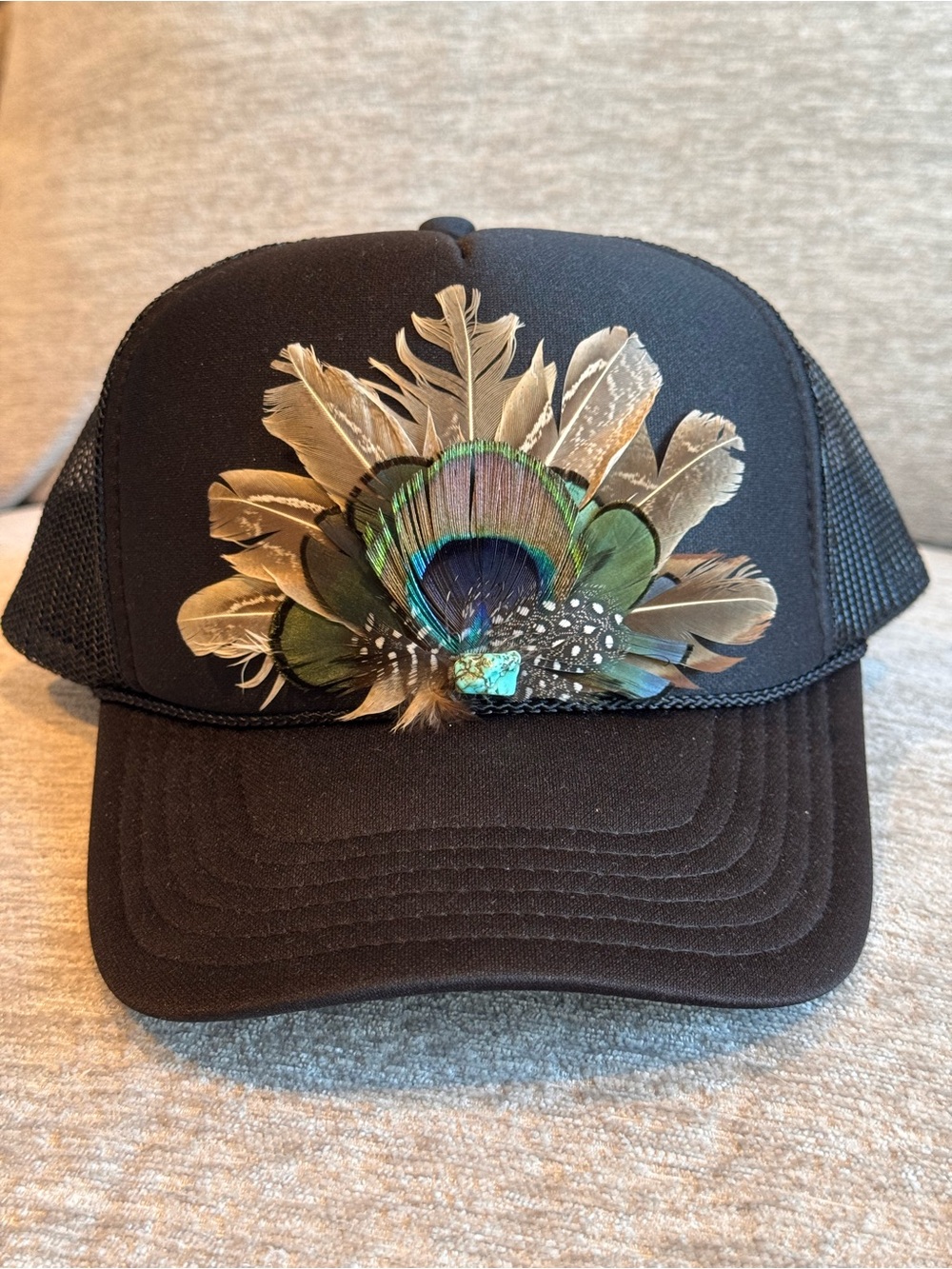 Handmade BOHO Trucker Hat with Peacock Feathers